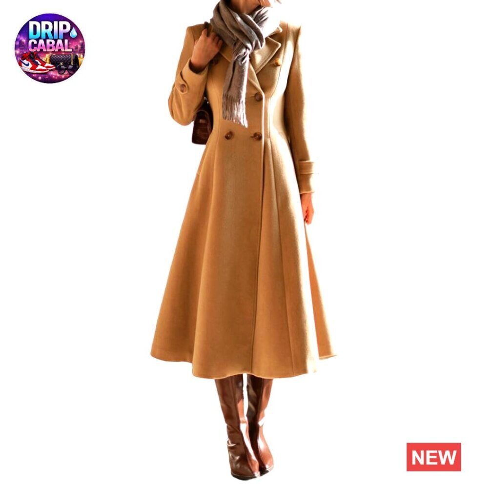 Long Wool Peacoat Double Breasted Trench Coat Classic Elegant Fall Winter Slim